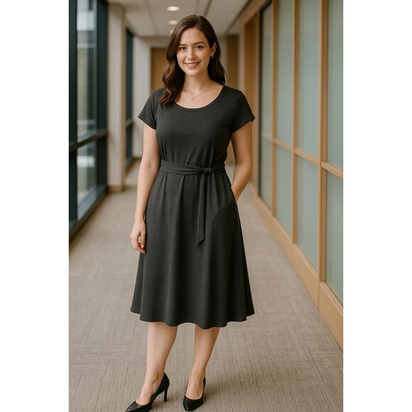 Torrid Dress L Gray Scoop Nck Cap Slve Fit & Flare Attached Belt Business Casual - Picture 1 of 7